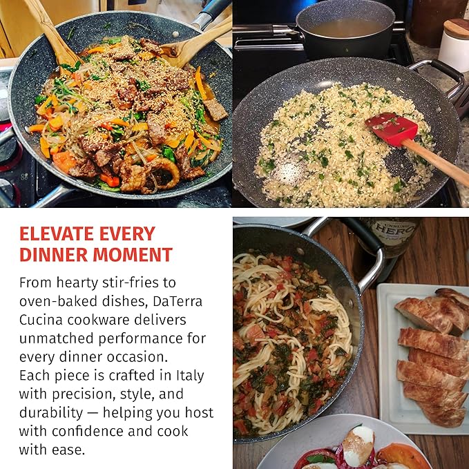 DaTerra Cucina Nonstick Dinner Party Bundle ??2.6 Qt Saucepan with Lid, 9.5" & 13" Frying Pans and 13" Wok and 8 Qt Dutch Oven with Lids, Durable Ceramic Coating, Made in Italy ??Volcanic Black