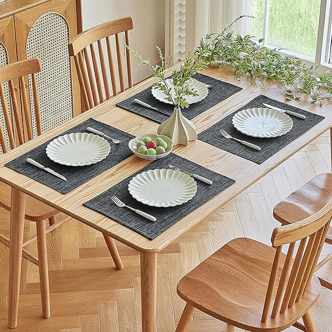 Softalker Faux Linen Placemats Set of 8-12 x 18 Inch, Heat Resistant Double Layered Durable Burlap Farmhouse Place Mats, Non-Slip Washable Rustic Table Mats for Dining, Kitchen, Party竊뉲ark Grey