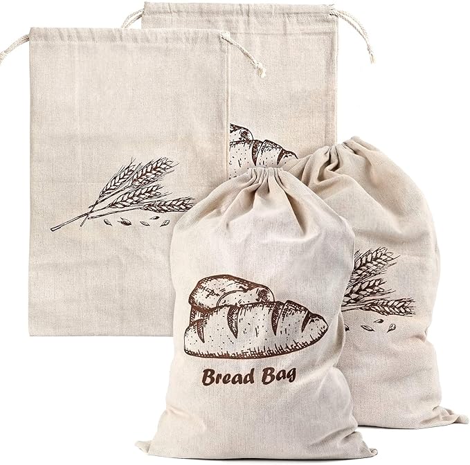 Bread Bags, 2-Packs Linen Bread Bags for Homemade Container, 17.3횞11.6 Inches Unbleached&Reusable Loaf&Baguette Storage,Natural Large Storage for Artisan Roll,With 2 Pieces Bread Clips