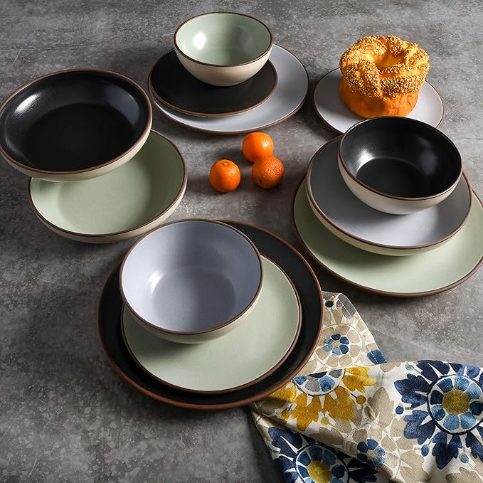 Gibson Elite Contempo Classic 16-Piece Double Bowl Dinnerware Set, Service for 4 ??Mint Stoneware Plates and Bowls