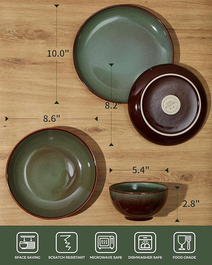 Dinnerware Sets with Double Bowls Service for 6, Brown Green