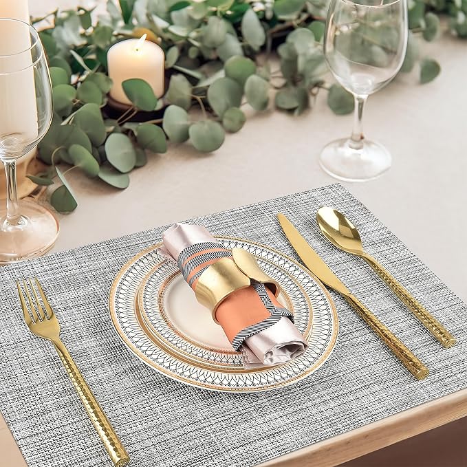 SLKQG Gray Placemats Set of 8 - Easy Clean Washable Vinyl Placemats - Wipeable Heat Resistant Table Mats for Dining Table - 17.7x11.8 Inch (8, Gray Black White)