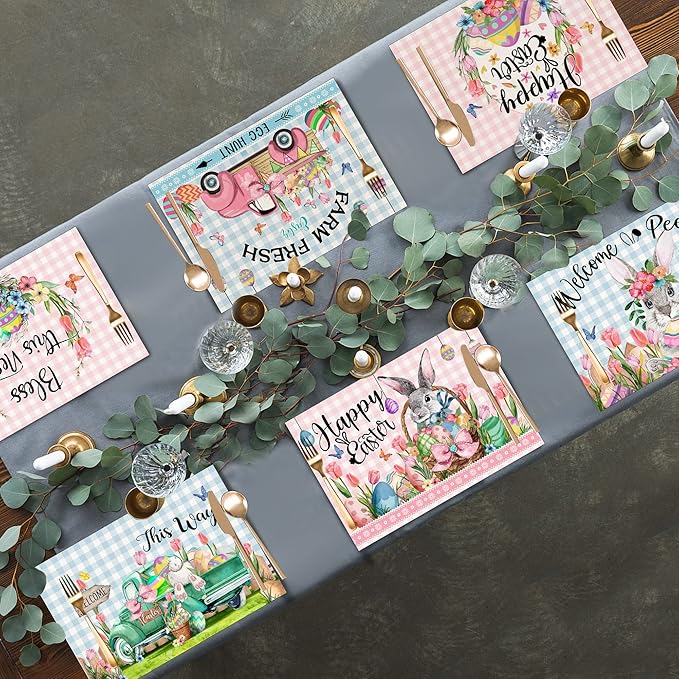Pinata Easter Placemats Set of 6, Easter Placemats 12x18 Inch for Dining Table, Bunny Pattern Place Mats, Farmhouse Rustic Table Decor