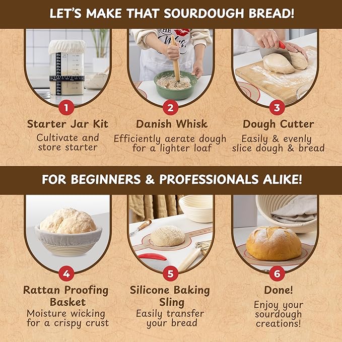 Complete Sourdough Bread Starter Kit, Glass Sourdough Starter Jar Kit & Tons of Sourdough Baking Supplies - Sourdough Starter Kit Includes Sourdough Jar, Banneton Bread Proofing Basket & More