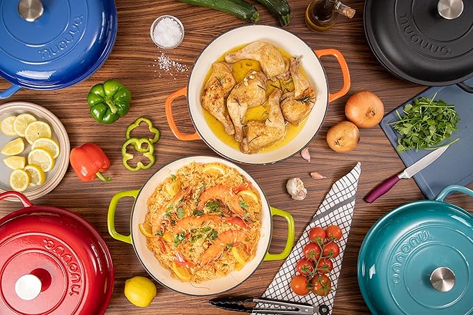 Cast Iron Dutch Oven with Lid ??Non Stick Shallow Dutch Oven Pot, Oven Safe up to 500째 F ??Sturdy Cooking Pot ??Enamelled Stockpot Cookware ??Dark Blue, 3.7-Quart, 30cm ??by Nuovva