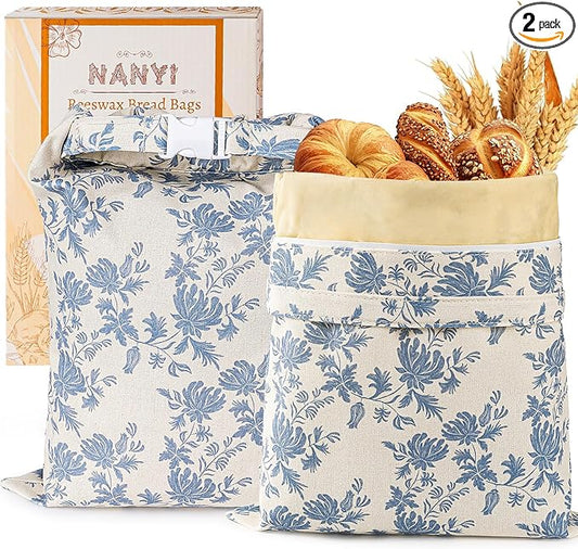 2-Pack Reusable Beeswax Bread Bags for Sourdough & Homemade Bread竊똂otton Waxed Bags Keeps Fresh Longer(Navy Bloom)