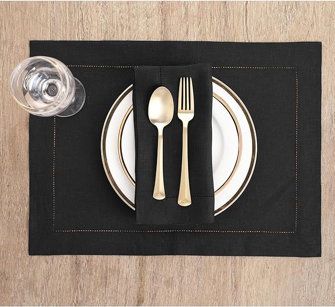 Solino Home Linen Placemats Set of 4 - Classic Hemstitch Black Placemats 14 x 19 Inch - 100% Pure Linen Table Mats for Winter, Spring, Easter