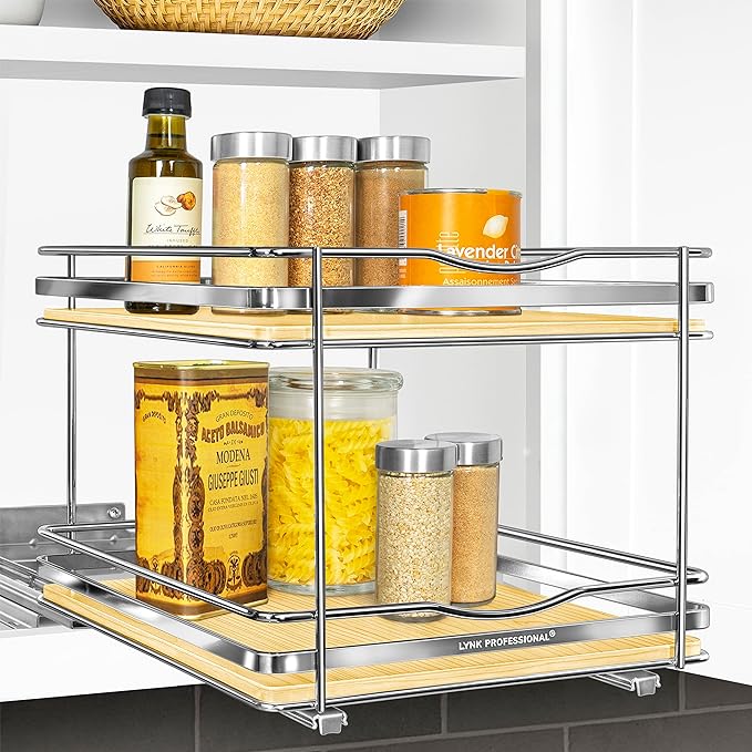 LYNK PROFESSIONAL짰 횋lite??Pull Out Spice Rack Organizer for Inside Kitchen Cabinets - 10-3/8 inch Wide - Slide Out Drawer ??Wood/Chrome Sliding Spice Cabinet Organization Shelf Racks - 2 Tier
