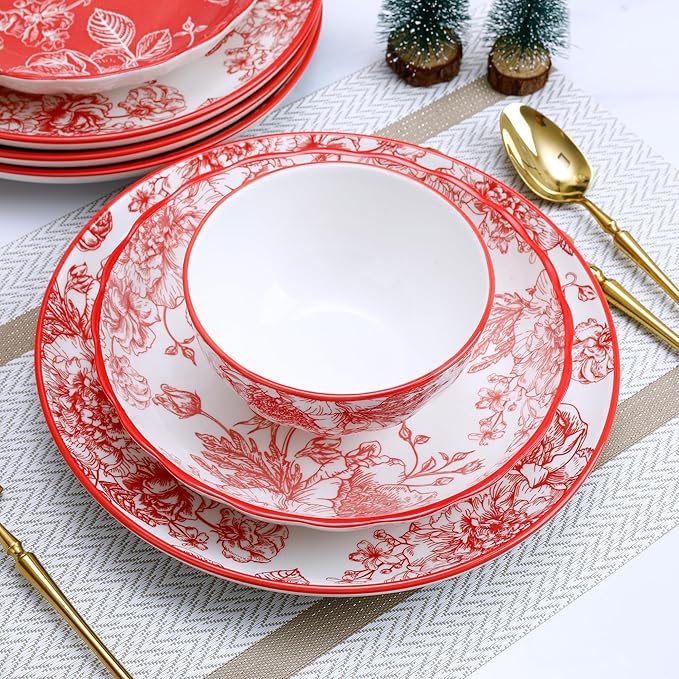 12-Piece Dinnerware Set with Red and White Plates, Service for 4, Microwave and Dishwasher Safe