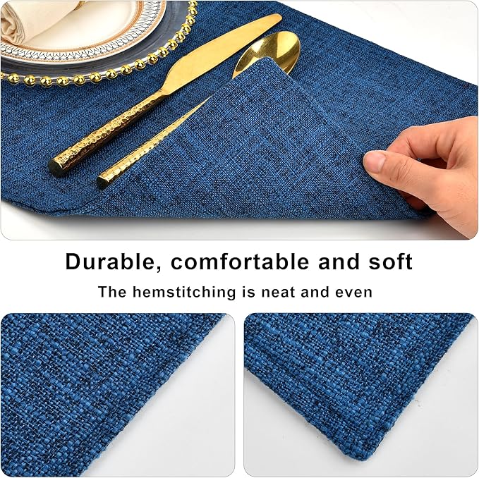 SLKQG Navy Linen-Look Fabric Placemats Set of 4, Heat Resistant & Machine Washable Double-Layered Cloth Placemats for Dining Table, Indoor/Outdoor Use, Non-Slip Kitchen Table Mats (4, Navy)