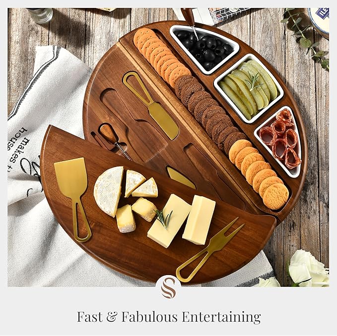 Shanik Large Acacia Wood Cheese Board ??Premium Charcuterie Set with Knife Holder, Cutting Surface & Serving Tray for Parties, Weddings, Gifts