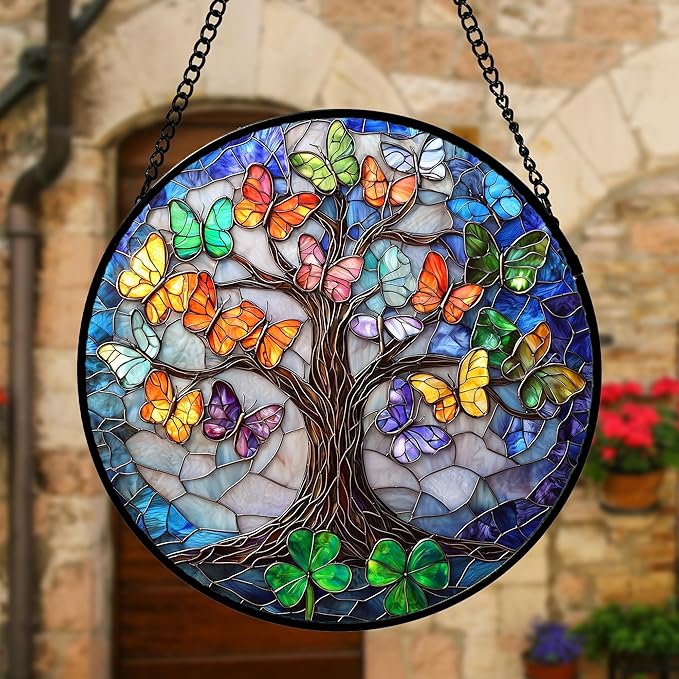 Stained Glass Window Hanging, Butterfly Tree Clover Sun Catchers Glass Panel Blue Suncatcher Decor for Birthday for Women, Men, Wife, Aunt, and Mom 7.8 in