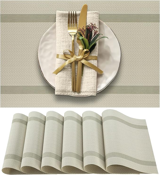 More D챕cor Dining Table Placemats, Washable Heat-Resistant PVC Vinyl Table Mats for Dining Room and Kitchen, Anti-Slip - Set of 6 - Beige