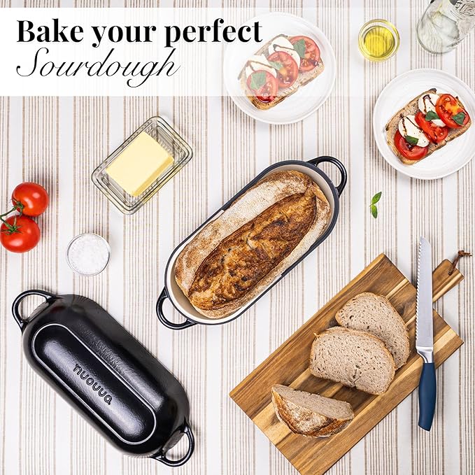 Enamelled Cast Iron Bread Loaf Pot ??Dutch Oven For Sourdough Bread Baking ??Oven Safe Non Stick Bread Pot ??Rectangular, Black, 34cm x 16cm ??by Nuovva