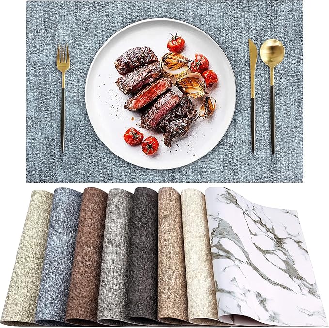 LANDVIEW Leather Heat Resistant Placemats Set of 6 Waterproof Wipeable Washable PU Table Mats,Easy to Clean Anti-Slip Place Mats (Blue, 6)
