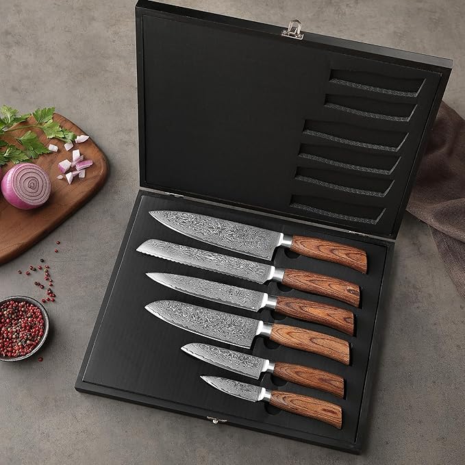 Wakoli EDIB Pro 6-Piece Damascus Knife Set ??Professional Chef Knives Set with VG10 Core Blades, 67-Layer Damascus Steel and Ergonomic Pakkawood Handles ??Premium Kitchen Knives in Elegant Gift Box
