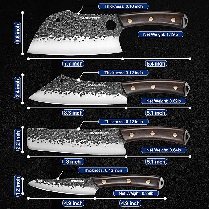 4-Piece Butcher Knife Set with 7??Cleaver, 8??Chef Knife, 8??Nakiri & 5??Utility Knife ??Hand Forged Full Tang Kitchen Knives with Sharpening Stone for BBQ, Meat, Veggies & Outdoor Cooking