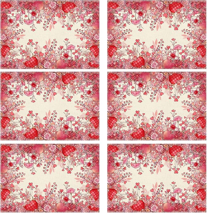 XCHI Wild Flowers Love Hearts Valentine?셲 Day Placemats Set of 6 Table Mats for Party Home Kitchen Dining Table Decorations 12x18 Inch