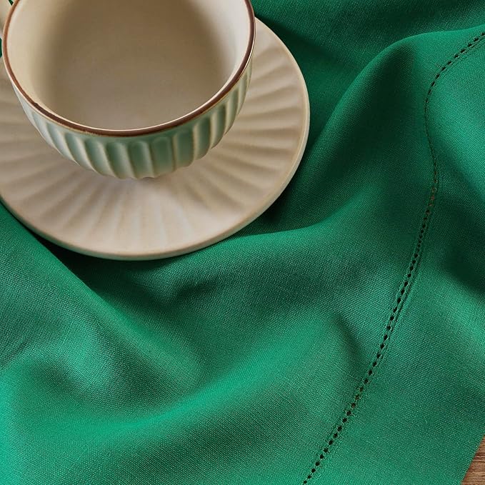 Solino Home Linen Tablecloth 60 x 90 Inch - Classic Hemstitch 100% Pure Linen Emerald Green Table Cloth for Rectangle Tables - Machine Washable Tablecloth for St Patricks Day