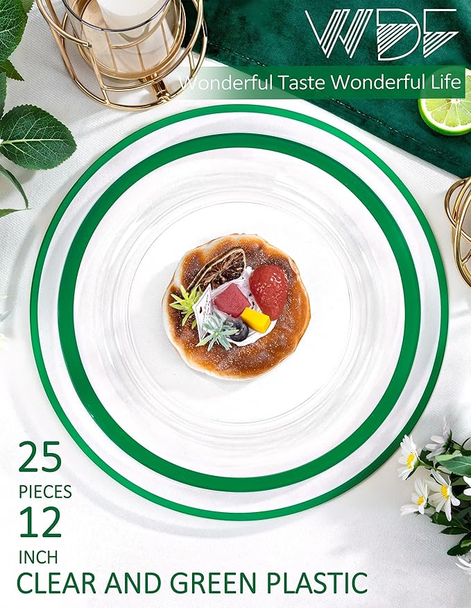 WDF 12 Inch Green Charger Plates - Charger Plates Bulk - 25Pack Plastic Clear and Green Charge Plate Perfect for Dinner/Wedding/Party/St. Patrick's Day