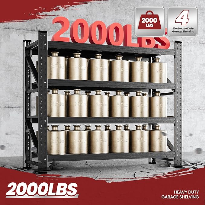 40" Wide Storage Shelves, 2000LBS Garage Shelving Heavy Duty, Standing Shelf Units, 4 Tier Metal Adjustable Storage Shelving Rack for Shop Warehouse Basement, 40'' W x 20''D x 60'' H