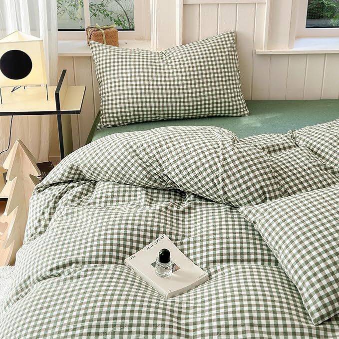 LifeTB Green Gingham Comforter Set Full Size Boho Plaid Checkered Pattern Comforter Geometric Grid Plaid Printed Bedding Comforter Set with 2 Pillowcases Fluffy Soft Gingham Bedding Set Full Size