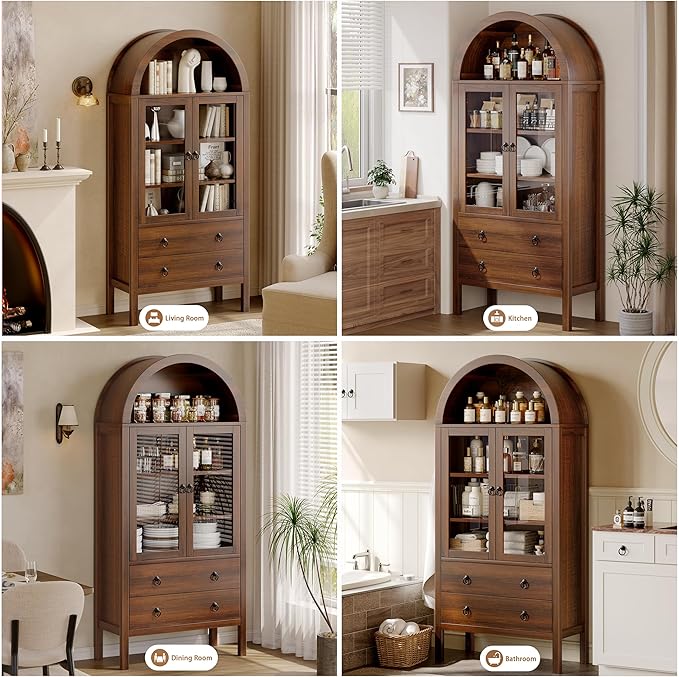 Arched Cabinet, 71" Tall Wooden Storage Cabinet, Arched Bookshelf with Glass Doors and Drawer for Living Room, Kitchen, Dining Room (Brown)