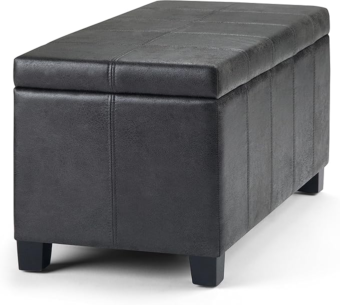 SIMPLIHOME Dover Storage Ottoman Bench - 36 inch Wide Upholstered Vegan Leather Rectangular Lift-Top Ottoman in Distressed Black, Contemporary Bench for Living Room with Safety Hinges