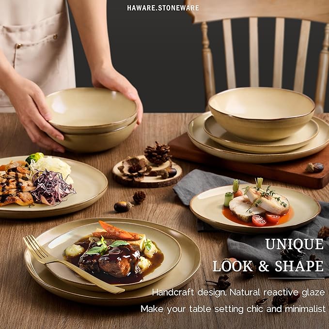 HaWare Dinnerware Sets, 12-Piece Stoneware Plates and Bowls Set, Dish Set for 4, Ceramic Dishware for Home Restaurant, Chip and Scratch Resistant, Microwave and Dishwasher Safe, Reactive Sandy Khaki