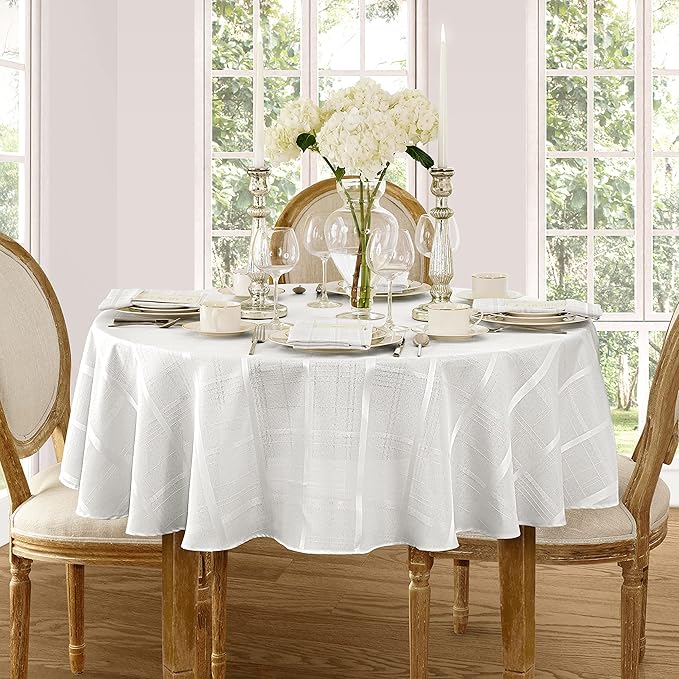 Newbridge 60 x 84 Inch Oval Fabric Tablecloth, Elegance Plaid, 100% Polyester, No Iron Soil Resistant Dining Room, Party and Banquet Table Cover, Solid Textured, White