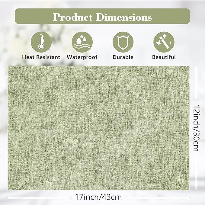 JUCCWARM Faux Leather Placemats Set of 6,Heat Resistant Placemats for Dining Table, Easy Clean Non-Slip Place Mats, Waterproof Stain Resistant Wipeable Washable PU Table Mats, (Light Green)