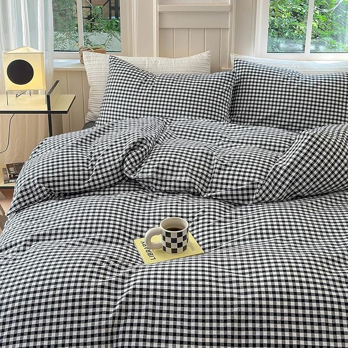 LifeTB Black Gingham Comforter Full Size Boho Plaid Checkered Pattern Comforter Geometric Grid Plaid Printed Bedding Comforter Set with 2 Pillowcases Fluffy Bed Luxury Soft Gingham Bedding Set Full