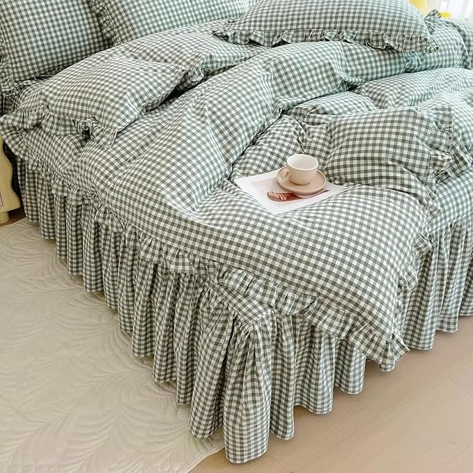 LifeTB Green Gingham Comforter Set Full Size Ruffle Plaid Checkered Pattern Comforter Farmhouse Grid Plaid Gingham Bedding Comforter Set with 2 Pillowcases Fluffy Soft Lightweight Grid Bedding Set