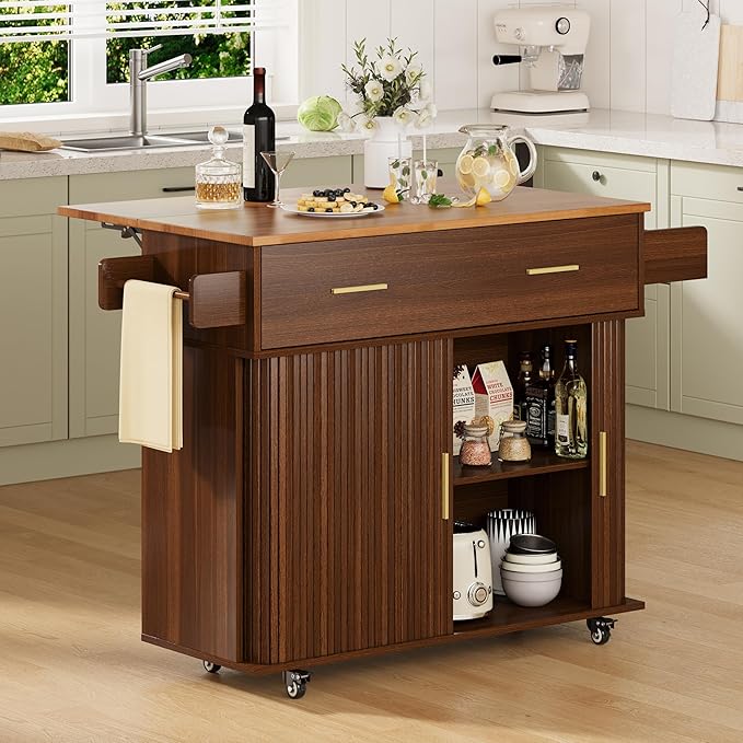 DHH Rolling Kitchen Island with Drop Leaf Countertop&Ample Storage - 39.4" Small Mobile Kitchen Cart On Wheels with Sliding Door,Drawers,Spice Rack & 2-Tier Storage (Walnut)