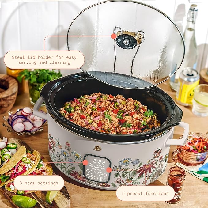 Beautiful 6 Quart Programmable Slow Cooker, 5 Cooking Presets, Digital Countdown Timer, Dishwasher Safe Parts by Drew Barrymore (Wildflower Porcini Taupe)