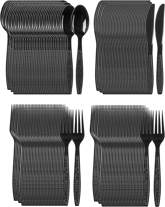 Heavy Weight Plastic Silverware Set - 200 Forks, 100 Knives, 100 Spoons - Disposable Cutlery Combo (Black)