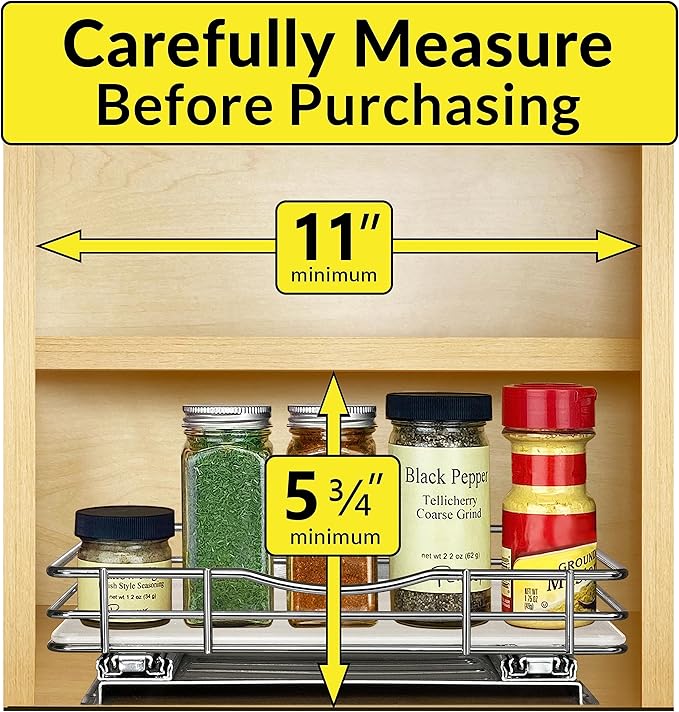 LYNK PROFESSIONAL짰 Pull Out Spice Rack Organizer for Inside Kitchen Cabinets - 10-3/8 inch Wide - Slide Out Drawer ??Chrome Sliding Spice Cabinet Organization Shelf Racks - 1 Tier
