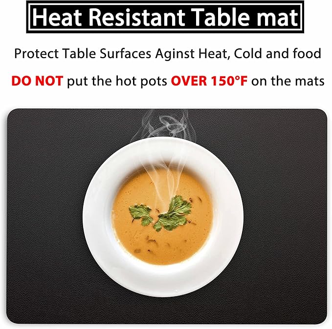 Wipeable Placemats Leather Table Mats Waterproof Heat-Resistant Easy to Clean for Dining Table Set Kitchen Table (4, Black)