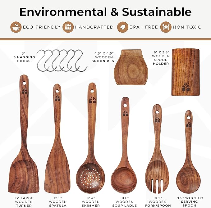 Wooden Utensil Set 8 Pcs ??Sturdy & Easy to Clean, Natural Teak Wooden Spoons for Cooking ??Non-Scratch Cooking Utensils with Spatula, Turner, Ladle, Spoons, Skimmer, Holder, Spoon Rest & 6 Hooks