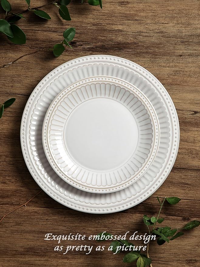 Famiware Garden Plates and Bowls Set, 24-Piece Dish Set for 8, Scratch Resistant Stoneware Dinnerware Set, Embossed Ceramic Tableware - Microwave and Dishwasher Safe, Reactive Glaze White