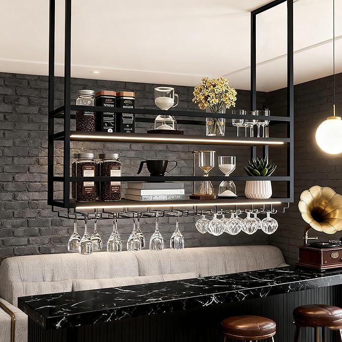 Ceiling Wine Glass Rack, Hanging Wine Display Shelf 2-Tier, Bar Liquor Storage Shelf for Bar Cafe Kitche, Metal Wine Bottle, Goblet Stemware Rack(Black, 39.37x39.37x11.81in)