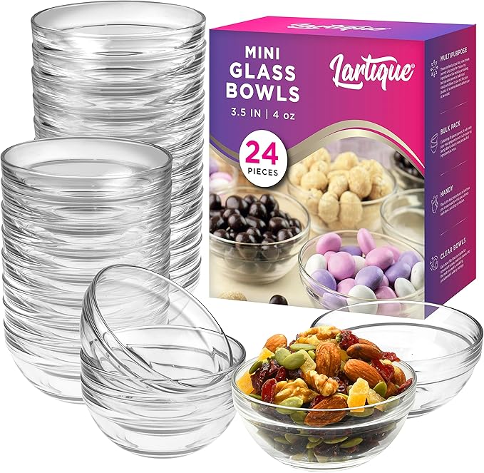 Lartique Mini 3.5 Inch Small Glass Bowls - Small Bowls Perfect for Prep, Dips, Nuts, or Candy - Meal Prep Bowls or Dessert Bowls, Set of 24