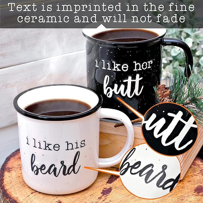 MAINEVENT I Like His Beard I Like Her Butt Coffee Mug Set of 2 11 Ounce, His Her Mug, Couple Wedding Gift