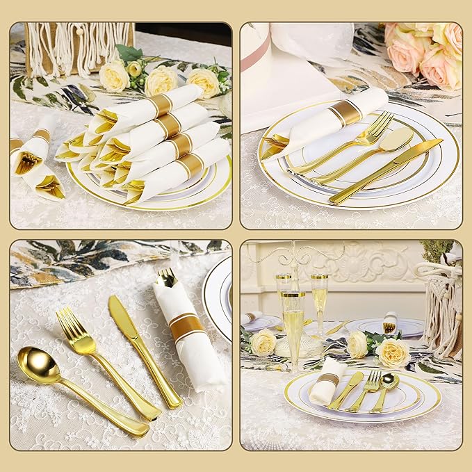 Zcaukya 350 PCS Gold Plastic Dinnerware for 50 Guests, Elegant Disposable Utensils Set with 100 Plates, 50 Pre-Wrapped Napkins, 50 Cups, 50 Spoons, 50 Forks and 50 Knives for Birthday Parties Weddings