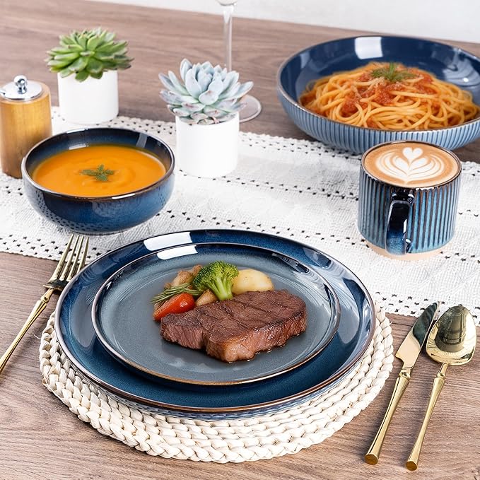 GBHOME Ceramic Dinnerware Sets for 4, 12 Pieces Stoneware Plates and Bowls Sets, Scratch Resistant Dishes, Dishwasher & Microwave Safe, Reactive Glaze-Deep Sea