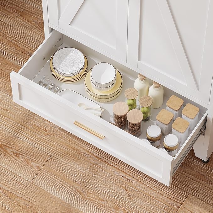 71?쏦 Kitchen Pantry Cabinet with Drawers,Tall Kitchen Pantry Cabinets,Metal Food Storage Cabinets, White Pantry Cabinet with 4 Doors, Large Freestanding Cabinets for Dining Room, Living Room