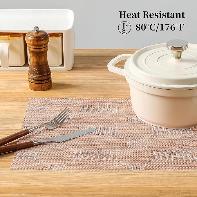 Leetaltree Coral Placemats Set of 4 - Heat Resistant Non-Slip Place mats for Dining Table, Washable Durable PVC Vinyl Woven Table Mats（Coral, 4）