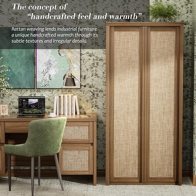 Yechen 67" Tall Kitchen Pantry Cabinet, Rattan Storage Cabinet with Solid Wood Integrated Handleand Adjustable Shelves, Cupboard with Doors for Livingroom, Bathroom,Dining Room, Natural Walnut