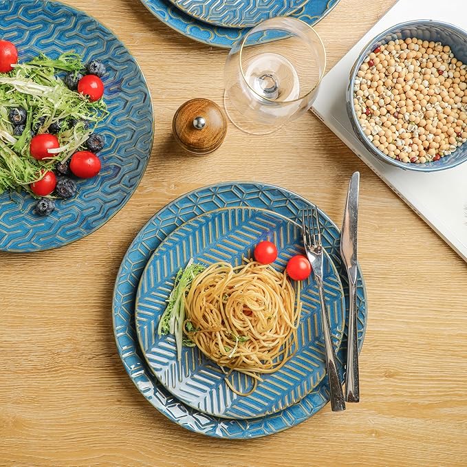 Sureasy Ceramic Dinnerware Set for 4-16 Pieces Embossed Plates and Bowls Sets, Scratch Resistant Dish Set, Microwave, Oven & Dishwasher Safe, Blue