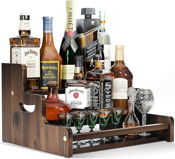 Tinamo Acacia Wood Liquor Bottle Display Shelf ??3-Tier Countertop Wine Rack, Bar Shelf ??Whiskey Bar Stand for Home, Bottle Organizer for Countertop ??Wine Holder with Handles (Walnut Color)